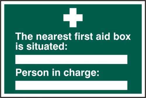 Self adhesive semi-rigid PVC The Nearest First Aid Box Is Situated/Person In Charge sign (300 x 200mm). Easy to fix.