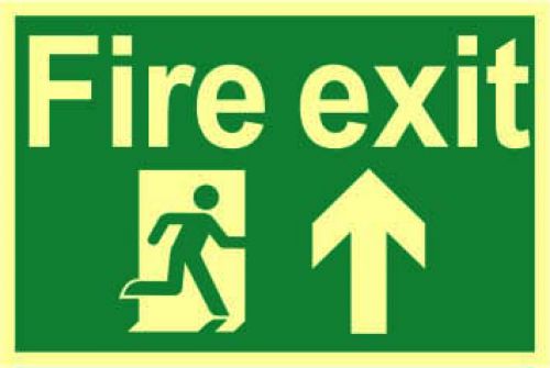 Fire Exit Sign with running man and arrow up (300 x 200mm). Made from 1.3mm rigid photoluminescent board (PHO) and is self adhesive.