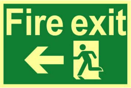 Fire Exit Sign with running man and arrow left (300 x 200mm). Made from 1.3mm rigid photoluminescent board (PHO) and is self adhesive.