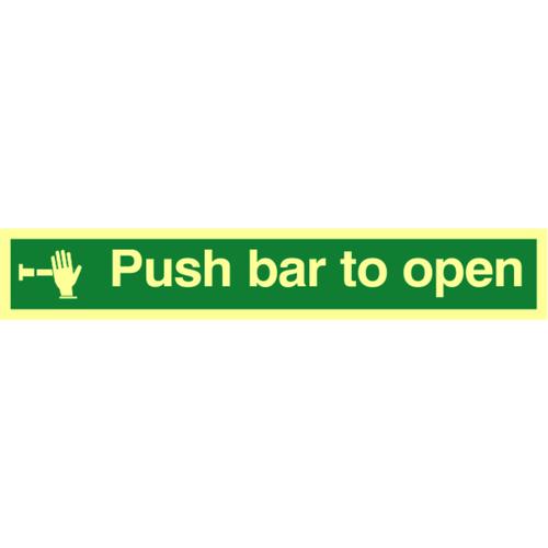Push Bar To Open sign (450 x 100mm). Made from 1.3mm rigid photoluminescent board (PHO) and is self adhesive.