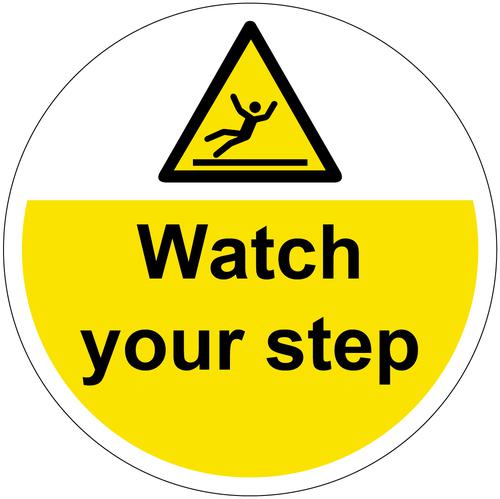 Watch Your Step Floor Graphic adheres to most smooth clean flat surfaces and provides a durable long lasting safety message. 400mm dia.