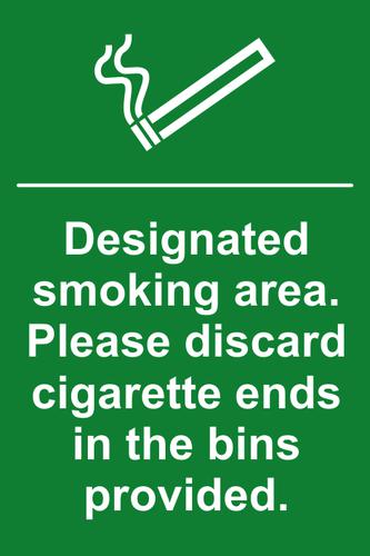 Self ad. semi-rigid PVC Designated Smoking Area. Please Discard Cigarette Ends... sign (200 x 300mm). Easy to fix; peel off the backing and apply