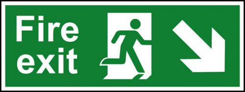 Self adhesive semi-rigid PVC Fire Exit Sign. Running man; arrow down right (400x150mm). Easy to fix; peel off the backing; apply to clean dry surface.