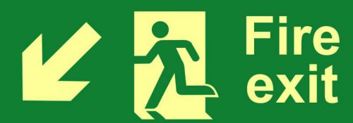Fire Exit Sign with running man and arrow down left (400 x 150mm). Made from flexible photoluminescent board (PHS). 