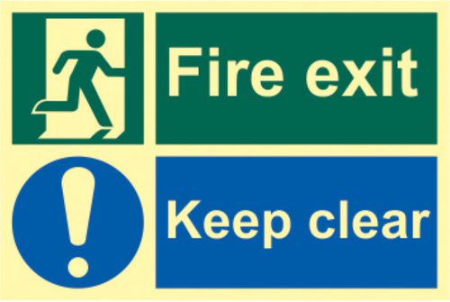 'Fire Exit Keep Clear' sign is a 300mm x 200mm fire exit and evacuation sign. This sign is made from flexible photoluminescent board. All our signs have been tested to PSPA Class B material tested to DIN 67510 Part 1 - 4 specification and when fully charged will glow for 10+ hours.