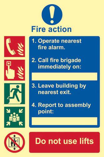Fire Action Procedure sign (200 x 300mm). Made from flexible photoluminescent board (PHS). 