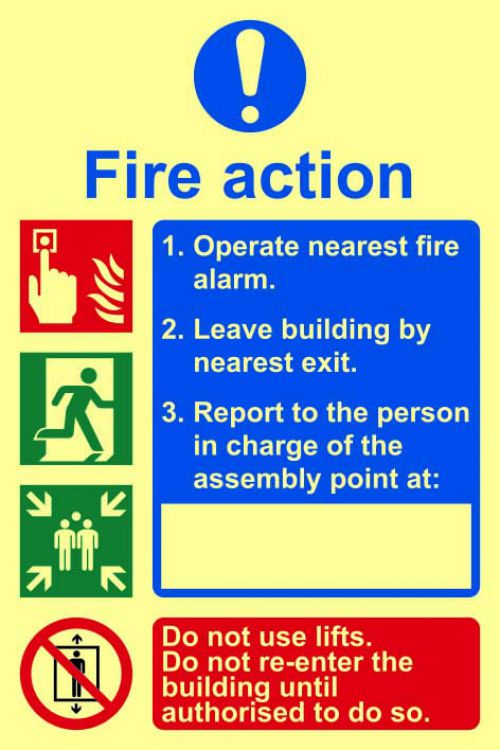Fire Action procedure Sign (200 x 300mm). Made from flexible photoluminescent board (PHS). 