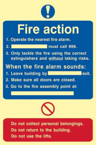 'Fire Action Procedure' sign is a 200mm x 300mm mandatory sign. This sign is made from flexible photoluminescent board. All our signs have been tested to PSPA Class B material tested to DIN 67510 Part 1 - 4 specification and when fully charged will glow for 10+ hours.