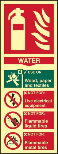 'Fire Extinguisher Water' sign is an 82mm x 202mm fire safe condition sign. This sign is made from flexible photoluminescent board. All our signs have been tested to PSPA Class B material tested to DIN 67510 Part 1 - 4 specification and when fully charged will glow for 10+ hours.
