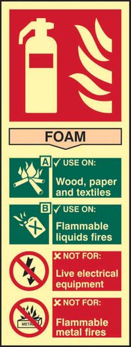 'Fire Extinguisher Foam' sign is an 82mm x 202mm fire safe condition sign. This sign is made from flexible photoluminescent board. All our signs have been tested to PSPA Class B material tested to DIN 67510 Part 1 - 4 specification and when fully charged will glow for 10+ hours.