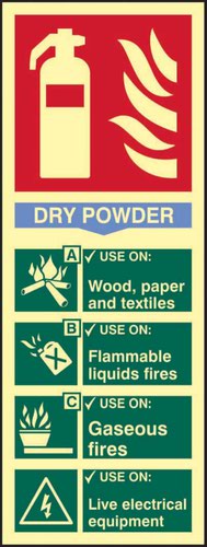 'Fire Extinguisher Dry Powder' sign is an 82mm x 202mm fire safe condition sign. This sign is made from flexible photoluminescent board. All our signs have been tested to PSPA Class B material tested to DIN 67510 Part 1 - 4 specification and when fully charged will glow for 10+ hours.