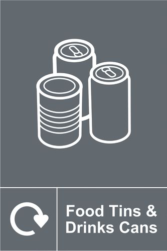 Food Tins & Drinks Cans Recycling’ Sign; Rigid 1mm PVC Board (150mm x 200mm)