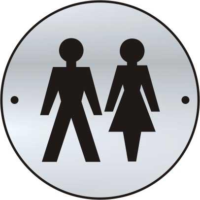 Unisex Sign made from stainless steel effect laminate (SSS) (75mm diameter). Complete with screws.