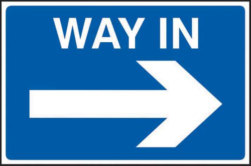 'Way In Arrow Right' is a 600 x 400mm road sign and is manufactured from strong non-adhesive rigid foamed PVC (3mm Foamex board). Conforms to all relevant British and European standards.