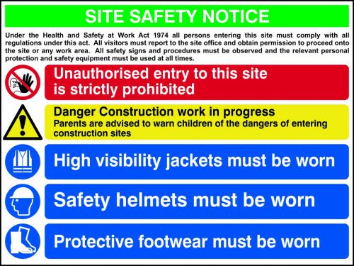 Composite Site Safety Notice Sign (800 x 600mm). Manufactured from strong non-adhesive rigid foamed PVC (3mm Foamex board).