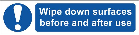 Wipe Down Surfaces Before And After Use Sign; Self Adhesive Semi Rigid PVC (200 x 50mm