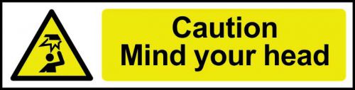 Self adhesive semi-rigid PVC Caution Mind Your Head Sign (200 x 50mm). Easy to fix; peel off the backing and apply to a clean and dry surface.