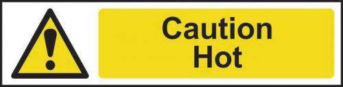 Self adhesive semi-rigid PVC Caution Hot Sign (200 x 50mm). Easy to fix; peel off the backing and apply to a clean and dry surface.