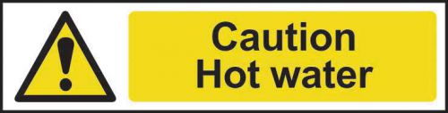 Self adhesive semi-rigid PVC Caution Hot Water Sign (200 x 50mm). Easy to fix; peel off the backing and apply to a clean and dry surface.