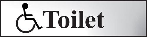 Self adhesive semi-rigid Toilet (with disabled symbol) Sign in Polished Chrome Effect (200 x 50mm). Easy to fix; peel off the backing and apply.