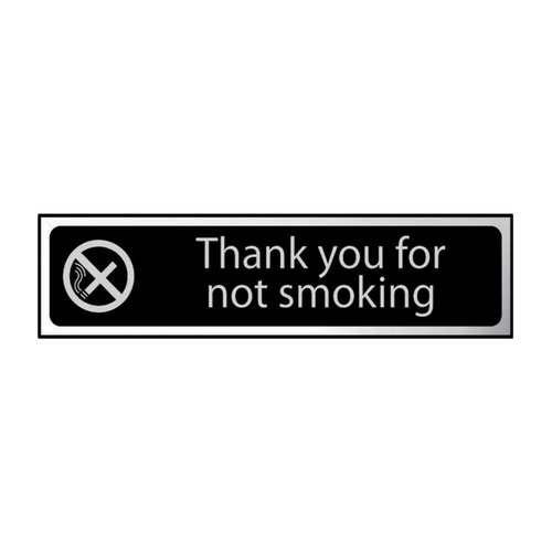 'Thank you for not smoking' sign is a 200mm x 50mm architectural mini sign. This sign is a self-adhesive PVC making it easy to apply to a clean dry surface. All our signs conform to the BS EN ISO7010 regulation, ensuring that all graphical safety symbols are consistent and compliant.