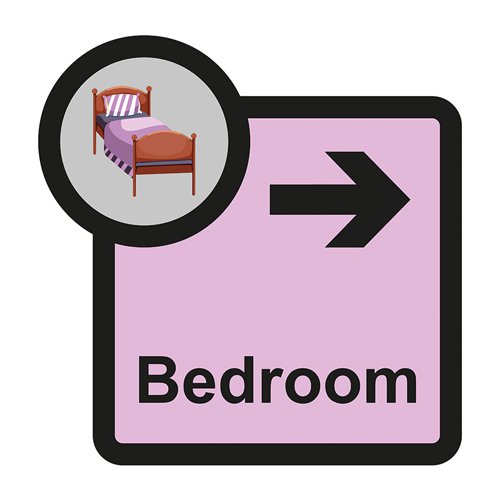 ALS041 | Bedroom arrow left sign is a 305mm x 310mm assisted living sign. Made from self adhesive foamex making it easy to apply to a smooth dry surface. All our signs conform to the BS EN ISO 7010 regulation, ensuring that all graphical safety symbols are consistent and compliant.
