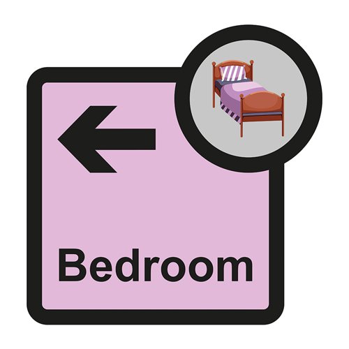 ALS042 | Bedroom arrow right sign is a 305mm x 310mm assisted living sign. Made from self adhesive foamex making it easy to apply to a smooth dry surface. All our signs conform to the BS EN ISO 7010 regulation, ensuring that all graphical safety symbols are consistent and compliant.