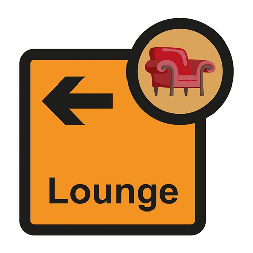 ALS065 | Lounge arrow left sign is a 305mm x 310mm assisted living sign. Made from self adhesive foamex making it easy to apply to a smooth dry surface. All our signs conform to the BS EN ISO 7010 regulation, ensuring that all graphical safety symbols are consistent and compliant.