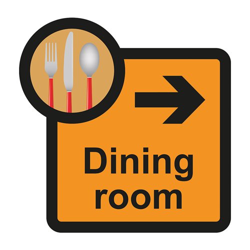 ALS067 | Dining room arrow right sign is a 305mm x 310mm assisted living sign. Made from self adhesive foamex making it easy to apply to a smooth dry surface. All our signs conform to the BS EN ISO 7010 regulation, ensuring that all graphical safety symbols are consistent and compliant.