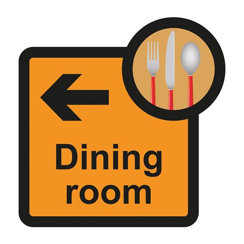 ALS068 | Dining room arrow left sign is a 305mm x 310mm assisted living sign. Made from self adhesive foamex making it easy to apply to a smooth dry surface. All our signs conform to the BS EN ISO 7010 regulation, ensuring that all graphical safety symbols are consistent and compliant.