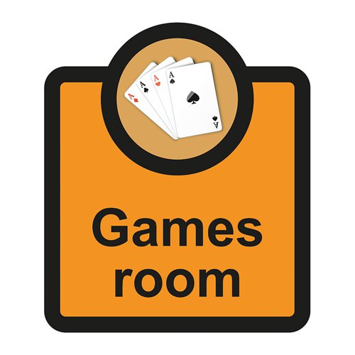 ALS069 | Games room sign is a 266mm x 310mm assisted living sign. Made from self adhesive foamex making it easy to apply to a smooth dry surface. All our signs conform to the BS EN ISO 7010 regulation, ensuring that all graphical safety symbols are consistent and compliant.