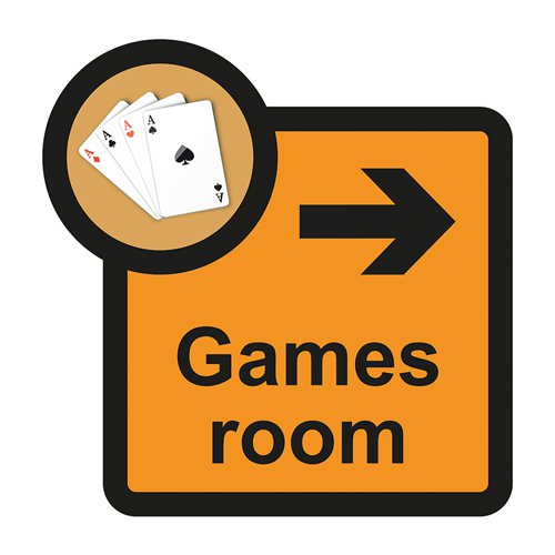 ALS070 | Games room arrow right sign is a 305mm x 310mm assisted living sign. Made from self adhesive foamex making it easy to apply to a smooth dry surface. All our signs conform to the BS EN ISO 7010 regulation, ensuring that all graphical safety symbols are consistent and compliant.