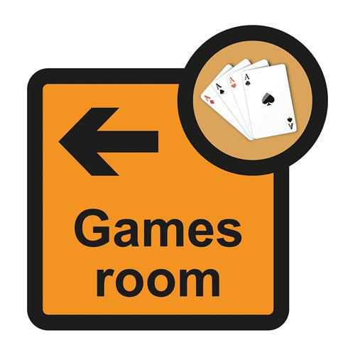 ALS071 | Games room arrow left sign is a 305mm x 310mm assisted living sign. Made from self adhesive foamex making it easy to apply to a smooth dry surface. All our signs conform to the BS EN ISO 7010 regulation, ensuring that all graphical safety symbols are consistent and compliant.