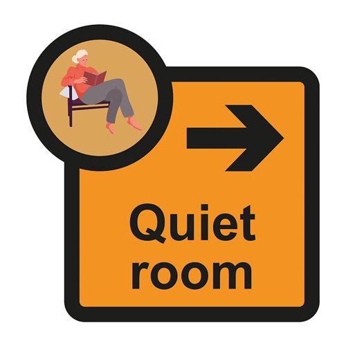 ALS073 | Quiet room arrow left sign is a 305mm x 310mm assisted living sign. Made from self adhesive foamex making it easy to apply to a smooth dry surface. All our signs conform to the BS EN ISO 7010 regulation, ensuring that all graphical safety symbols are consistent and compliant.