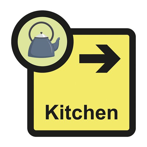 ALS091 | Kitchen arrow right sign is a 305mm x 310mm assisted living sign. Made from self adhesive foamex making it easy to apply to a smooth dry surface. All our signs conform to the BS EN ISO 7010 regulation, ensuring that all graphical safety symbols are consistent and compliant.