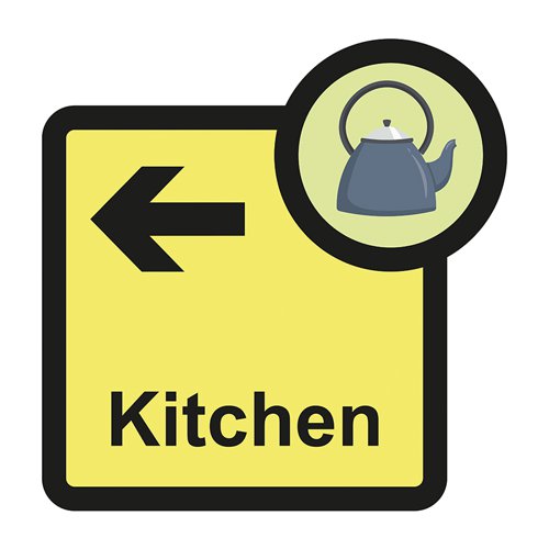 ALS092 | Kitchen arrow left sign is a 305mm x 310mm assisted living sign. Made from self adhesive foamex making it easy to apply to a smooth dry surface. All our signs conform to the BS EN ISO 7010 regulation, ensuring that all graphical safety symbols are consistent and compliant.