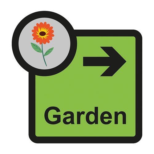 ALS111 | Garden arrow right sign is a 305mm x 310mm assisted living sign. Made from self adhesive foamex making it easy to apply to a smooth dry surface. All our signs conform to the BS EN ISO 7010 regulation, ensuring that all graphical safety symbols are consistent and compliant.