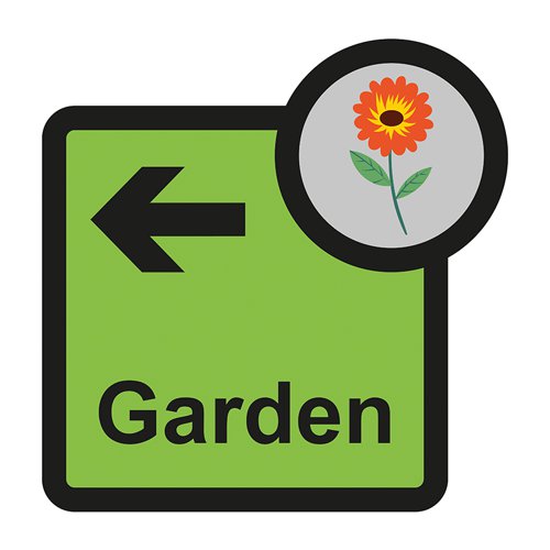 ALS112 | Garden arrow left sign is a 305mm x 310mm assisted living sign. Made from self adhesive foamex making it easy to apply to a smooth dry surface. All our signs conform to the BS EN ISO 7010 regulation, ensuring that all graphical safety symbols are consistent and compliant.