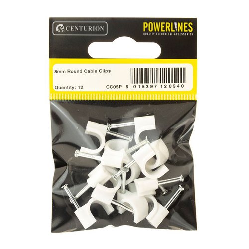 CC05P | These Cable Clips securely hold wires in place. Size: 18mm round. Colour: White. Pack Size: 18. Weather and impact resistant.