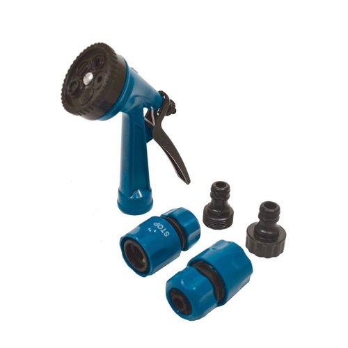 GA105P | Garden spray gun kit containing 5 fittings to attach to the hose. All plastic construction. Contents: ½ - ¾” BSP tap connectors, ½” hose connector, ½” hose connector with water stop, and five pattern spray gun.