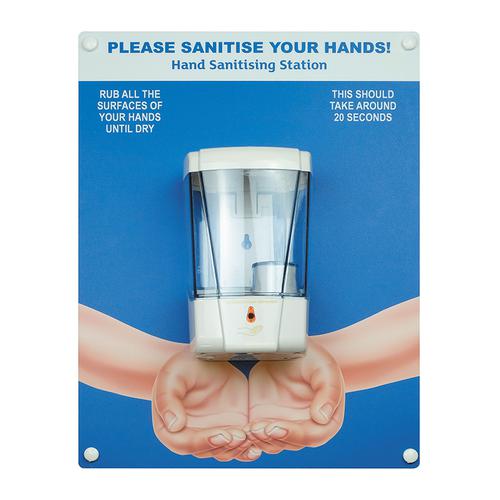 Hand sanitiser board c/w auto dispenser - Hands - Blue (300 x 400mm)