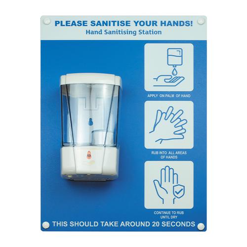Hand sanitiser board c/w auto dispenser - 3 image design - Blue (300 x 400mm)