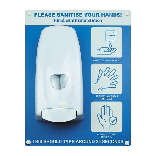 Hand sanitiser board c/w manual dispenser - 3 image design - Blue (300 x 400mm)