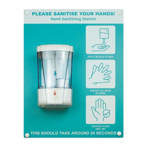 Hand sanitiser board c/w auto dispenser - 3 image design - Turquoise (300 x 400mm)