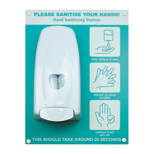 Hand sanitiser board c/w manual dispenser - 3 image design - Turquoise (300 x 400mm)