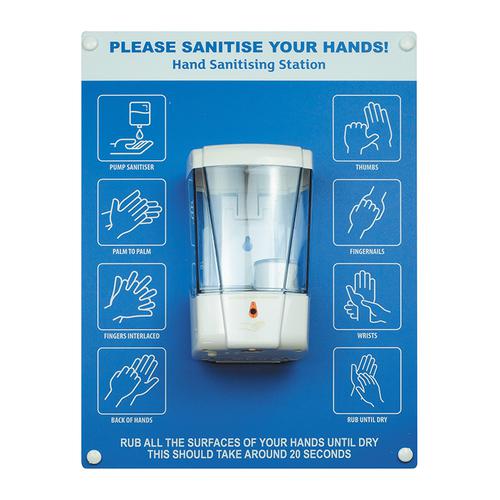 Hand sanitiser board c/w auto dispenser - 6 image design - Blue (300 x 400mm)