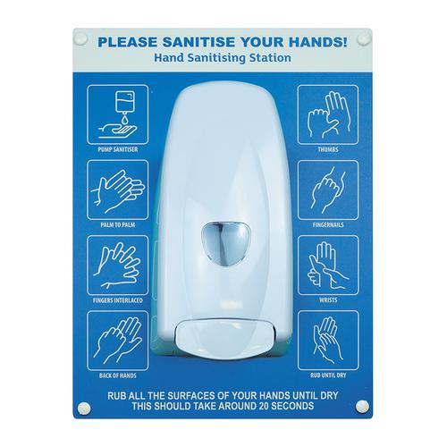 Hand sanitiser board c/w manual dispenser - 6 image design - Blue (300 x 400mm)