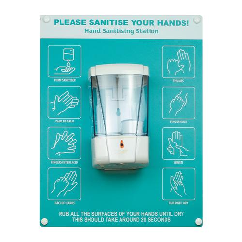Hand sanitiser board c/w auto dispenser - 6 image design - Turquoise (300 x 400mm)