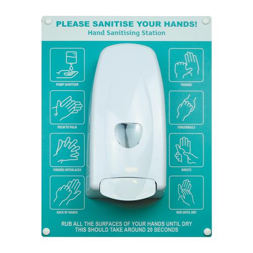 Hand sanitiser board c/w manual dispenser - 6 image design - Turquoise (300 x 400mm)