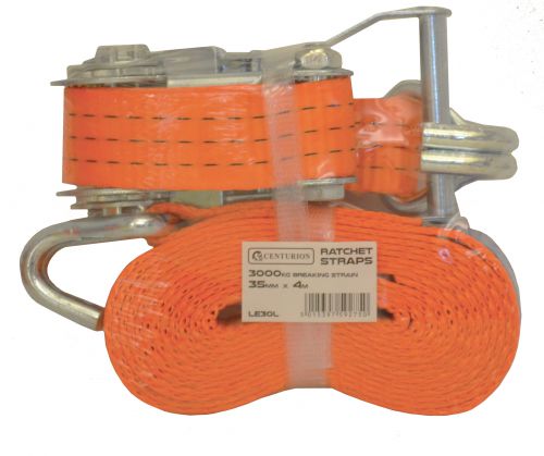 Heavy Duty Ratchet Strap. Allows goods to be secured when in transit. Strap width 35mm; length 4m. Breaking strength 3000kgs. Conforms to EN12195-2.